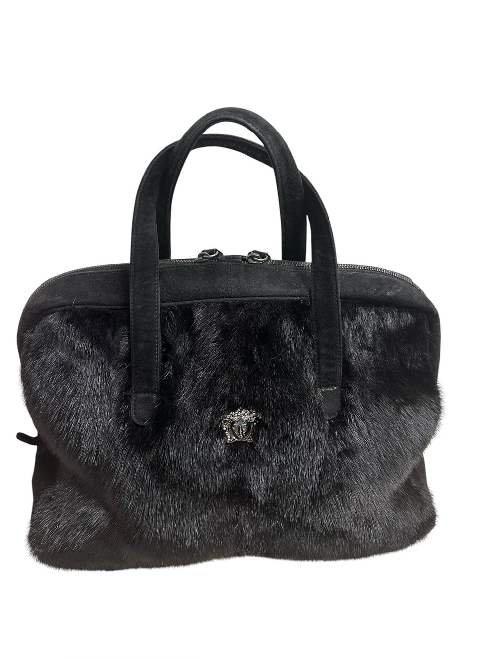 Gianni Versace Couture Vintage Medusa Crystal Logo Suede Fur Shoulder Bag